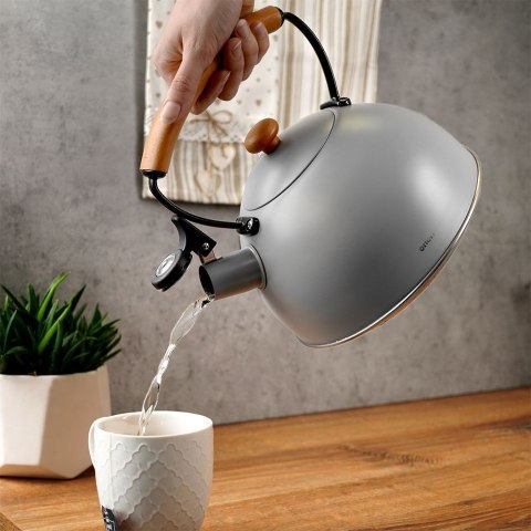 Czajnik stalowy tradycyjny z gwizdkiem gaz indukcja szary WOODEN 2,9 l Czajnik stalowy tradycyjny z gwizdkiem gaz indukcja szary WOODEN 2,9 l