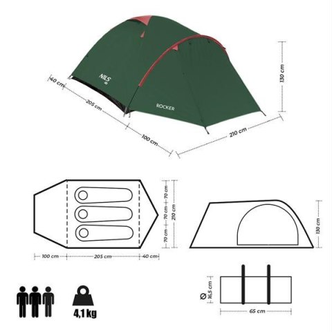 Namiot Kempingowy Nils Camp NC6013 ROCKER Zielono - Czerwony dla 3 Osób Namiot Kempingowy Nils Camp NC6013 ROCKER Zielono - Czerwony dla 3 Osób