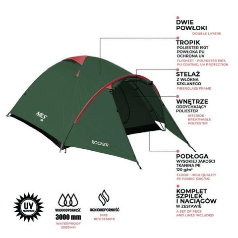 Namiot Kempingowy Nils Camp NC6013 ROCKER Zielono - Czerwony dla 3 Osób Namiot Kempingowy Nils Camp NC6013 ROCKER Zielono - Czerwony dla 3 Osób