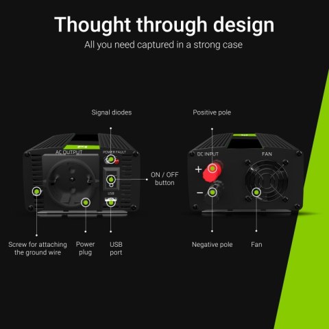 Green Cell - Przetwornica napięcia Inwerter 12V na 230V 500W/1000W Modyfikowana sinusoida Green Cell - Przetwornica napięcia Inwerter 12V na 230V 500W/1000W Modyfikowana sinusoida