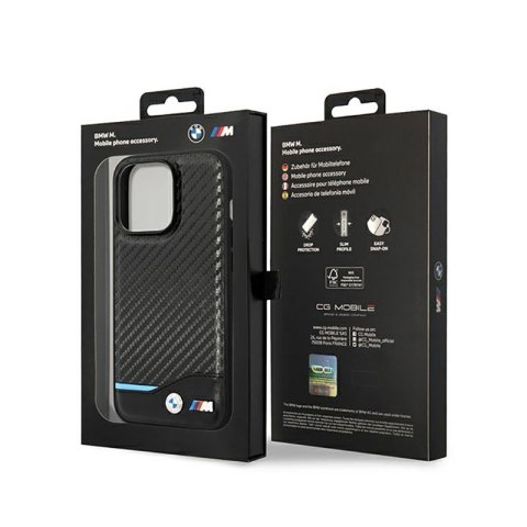 BMW Leather Carbon Blue Line - Etui iPhone 14 Pro (Czarny)