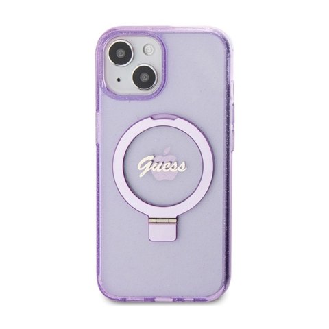 Guess Ring Stand Script Glitter MagSafe - Etui iPhone 15 Plus (fioletowy) Guess Ring Stand Script Glitter MagSafe - Etui iPhone 15 Plus (fioletowy)