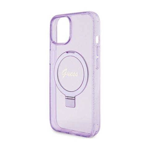 Guess Ring Stand Script Glitter MagSafe - Etui iPhone 15 Plus (fioletowy) Guess Ring Stand Script Glitter MagSafe - Etui iPhone 15 Plus (fioletowy)