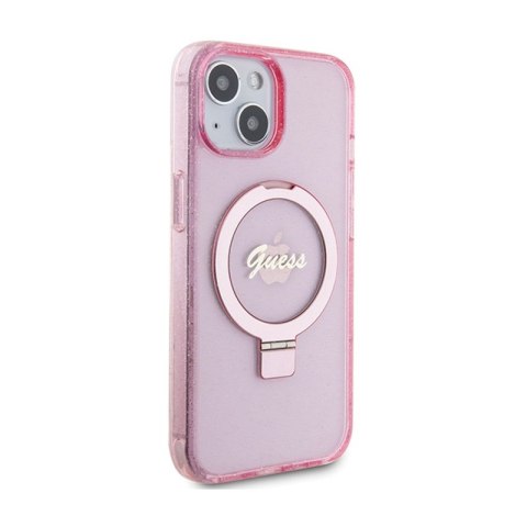 Guess Ring Stand Script Glitter MagSafe - Etui iPhone 15 Plus (różowy) Guess Ring Stand Script Glitter MagSafe - Etui iPhone 15 Plus (różowy)