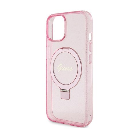 Guess Ring Stand Script Glitter MagSafe - Etui iPhone 15 Plus (różowy) Guess Ring Stand Script Glitter MagSafe - Etui iPhone 15 Plus (różowy)