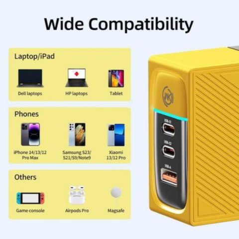 WEKOME WP-U155 Tint Series - Ładowarka sieciowa 2x USB-C & USB-A Super Fast Charger GaN 100W (Żółty) WEKOME WP-U155 Tint Series - Ładowarka sieciowa 2x USB-C & USB-A Super Fast Charger GaN 100W (Żółty)