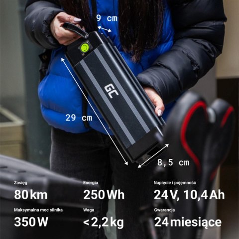 Green Cell - Bateria GC Silverfish do roweru elektrycznego E-Bike z ładowarką 24V 10.4Ah 250Wh Li-Ion XLR 3 PIN Green Cell - Bateria GC Silverfish do roweru elektrycznego E-Bike z ładowarką 24V 10.4Ah 250Wh Li-Ion XLR 3 PIN