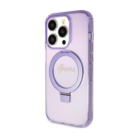 Guess Ring Stand Script Glitter MagSafe - Etui iPhone 15 Pro (fioletowy) Guess Ring Stand Script Glitter MagSafe - Etui iPhone 15 Pro (fioletowy)