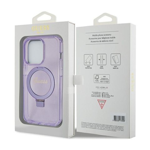 Guess Ring Stand Script Glitter MagSafe - Etui iPhone 15 Pro (fioletowy) Guess Ring Stand Script Glitter MagSafe - Etui iPhone 15 Pro (fioletowy)