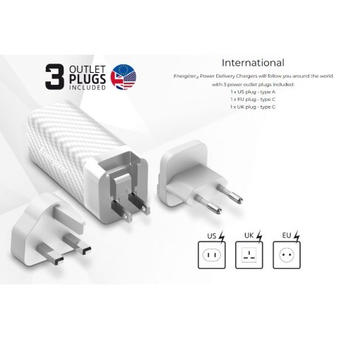 Energizer Ultimate - Ładowarka sieciowa podróżna Multiplug EU / UK / US GaN USB-C & USB-A 65W PD (Srebrny) Energizer Ultimate - Ładowarka sieciowa podróżna Multiplug EU / UK / US GaN USB-C & USB-A 65W PD (Srebrny)