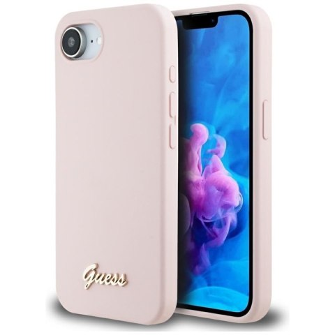 Guess Silicone Script Metal Logo MagSafe - Etui do iPhone 16e (różowy) Guess Silicone Script Metal Logo MagSafe - Etui do iPhone 16e (różowy)