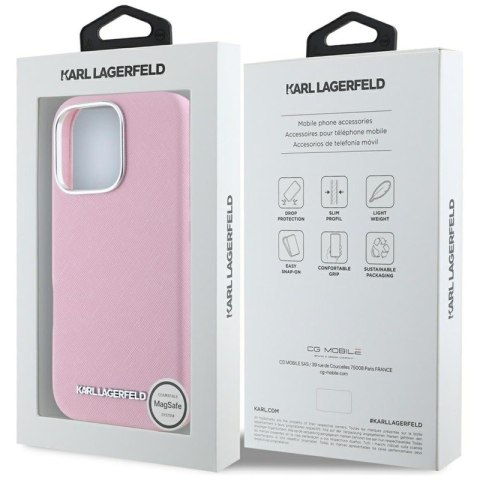 Karl Lagerfeld Saffiano Full Wrapped Elongated Metal Logo MagSafe - Etui do iPhone 16 Pro (różowy) Karl Lagerfeld Saffiano Full Wrapped Elongated Metal Logo MagSafe - Etui do iPhone 16 Pro (różowy)