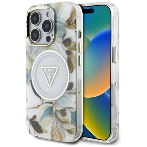 Guess Glitter Flowers Triangle Buttons MagSafe - Etui do iPhone 16 Pro (biały) Guess Glitter Flowers Triangle Buttons MagSafe - Etui do iPhone 16 Pro (biały)