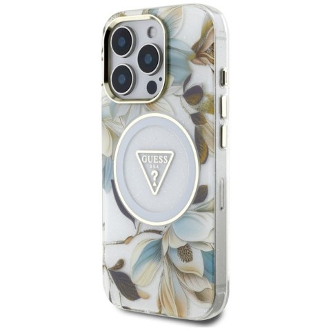 Guess Glitter Flowers Triangle Buttons MagSafe - Etui do iPhone 16 Pro (biały) Guess Glitter Flowers Triangle Buttons MagSafe - Etui do iPhone 16 Pro (biały)