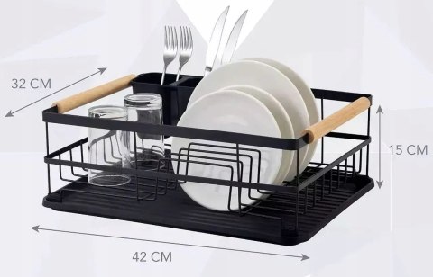 Suszarka do naczyń ociekacz na talerze + pojemnik na sztućce czarna metal XL Suszarka do naczyń ociekacz na talerze + pojemnik na sztućce czarna metal XL