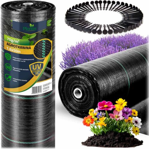 Agrotkanina ogrodowa 1,6 m x 50 m 70 g/m2 + 50 szpilek Plonos - czarna Agrotkanina ogrodowa 1,6 m x 50 m 70 g/m2 + 50 szpilek Plonos - czarna