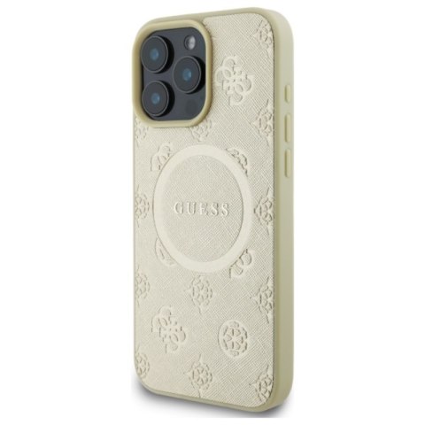 Guess Saffiano Peony Classic Logo MagSafe - Etui iPhone 16 Pro Max (złoty) Guess Saffiano Peony Classic Logo MagSafe - Etui iPhone 16 Pro Max (złoty)
