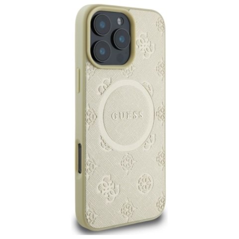 Guess Saffiano Peony Classic Logo MagSafe - Etui iPhone 16 Pro Max (złoty) Guess Saffiano Peony Classic Logo MagSafe - Etui iPhone 16 Pro Max (złoty)