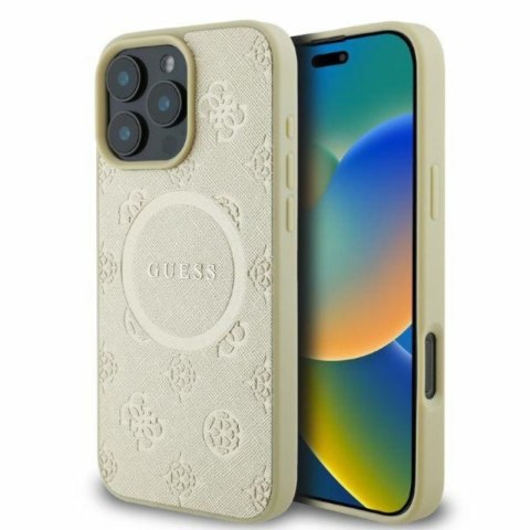 Guess Saffiano Peony Classic Logo MagSafe - Etui iPhone 16 Pro (złoty) Guess Saffiano Peony Classic Logo MagSafe - Etui iPhone 16 Pro (złoty)