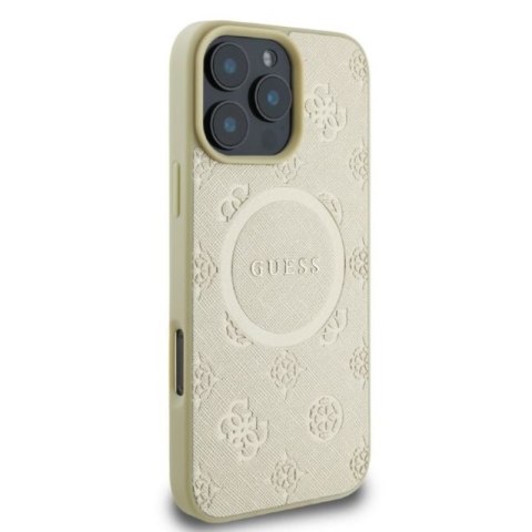 Guess Saffiano Peony Classic Logo MagSafe - Etui iPhone 16 Pro (złoty) Guess Saffiano Peony Classic Logo MagSafe - Etui iPhone 16 Pro (złoty)