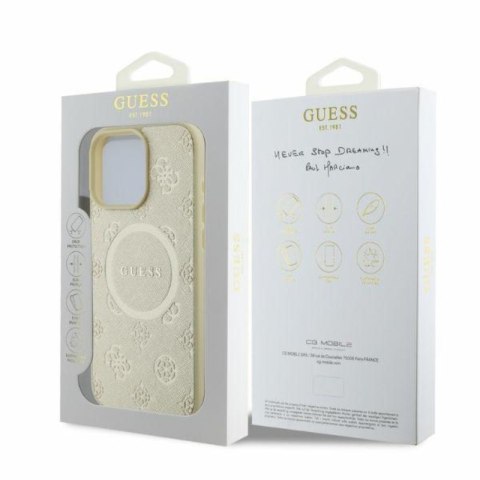 Guess Saffiano Peony Classic Logo MagSafe - Etui iPhone 16 Pro (złoty) Guess Saffiano Peony Classic Logo MagSafe - Etui iPhone 16 Pro (złoty)