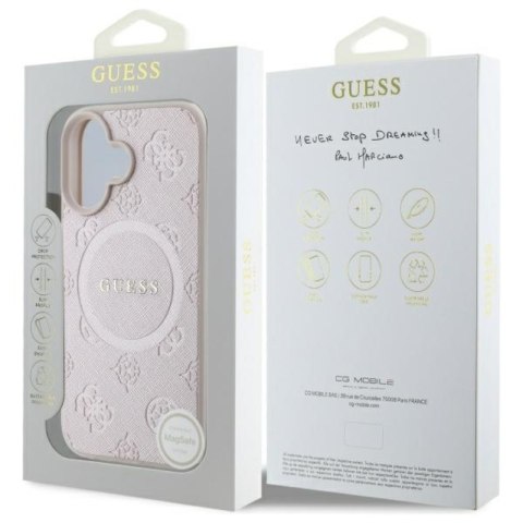 Guess Saffiano Peony Classic Logo MagSafe - Etui iPhone 16 (różowy) Guess Saffiano Peony Classic Logo MagSafe - Etui iPhone 16 (różowy)