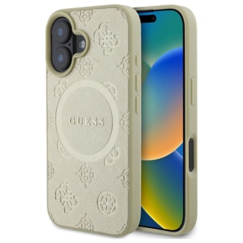 Guess Saffiano Peony Classic Logo MagSafe - Etui iPhone 16 (złoty) Guess Saffiano Peony Classic Logo MagSafe - Etui iPhone 16 (złoty)