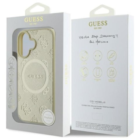 Guess Saffiano Peony Classic Logo MagSafe - Etui iPhone 16 (złoty) Guess Saffiano Peony Classic Logo MagSafe - Etui iPhone 16 (złoty)