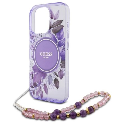 Guess IML Flowers With Pearl Strap MagSafe - Etui iPhone 16 Pro (fioletowy) Guess IML Flowers With Pearl Strap MagSafe - Etui iPhone 16 Pro (fioletowy)