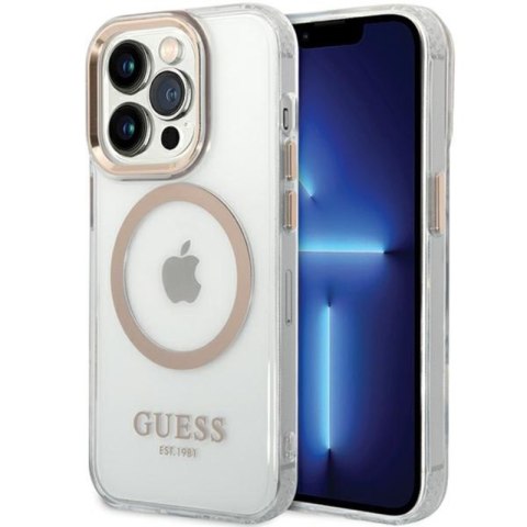 Guess Metal Outline Magsafe - Etui iPhone 15 (przezroczysty / złoty) Guess Metal Outline Magsafe - Etui iPhone 15 (przezroczysty / złoty)