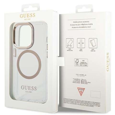 Guess Metal Outline Magsafe - Etui iPhone 15 (przezroczysty / złoty) Guess Metal Outline Magsafe - Etui iPhone 15 (przezroczysty / złoty)