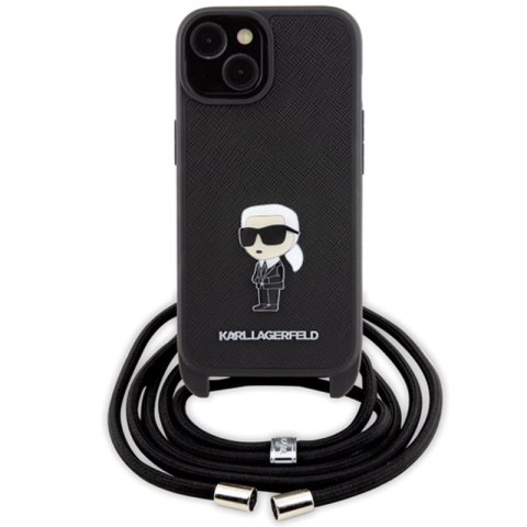 Karl Lagerfeld Crossbody Saffiano Monogram Ikonik Metal Pin - Etui iPhone 15 (czarny) Karl Lagerfeld Crossbody Saffiano Monogram Ikonik Metal Pin - Etui iPhone 15 (czarny)