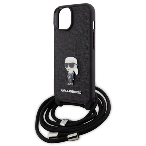 Karl Lagerfeld Crossbody Saffiano Monogram Ikonik Metal Pin - Etui iPhone 15 (czarny) Karl Lagerfeld Crossbody Saffiano Monogram Ikonik Metal Pin - Etui iPhone 15 (czarny)