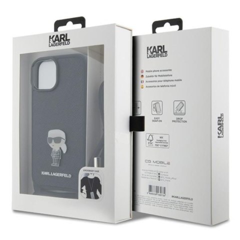Karl Lagerfeld Crossbody Saffiano Monogram Ikonik Metal Pin - Etui iPhone 15 (czarny) Karl Lagerfeld Crossbody Saffiano Monogram Ikonik Metal Pin - Etui iPhone 15 (czarny)