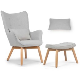 Fotel uszak z podnóżkiem NORSE jasny szary tkanina bukowe nogi
