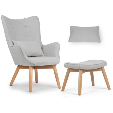 Fotel uszak z podnóżkiem NORSE jasny szary tkanina bukowe nogi