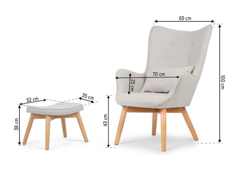 Fotel uszak z podnóżkiem NORSE jasny szary tkanina bukowe nogi