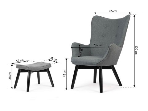 Fotel uszak z podnóżkiem NORSE szary tkanina bukowe nogi skandynawski