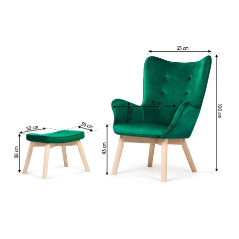 Fotel uszak z podnóżkiem NORSE ciemnozielony welur bukowe nogi Sofotel