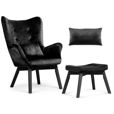 Fotel uszak z podnóżkiem NORSE czarny welur bukowe nogi Sofotel