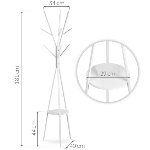 Wieszak stojący metalowy biały z półką 181 cm biały Massido przedpokój