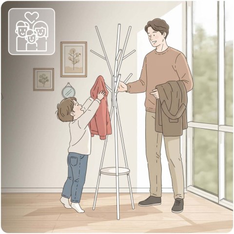 Wieszak stojący metalowy biały z półką 181 cm biały Massido przedpokój