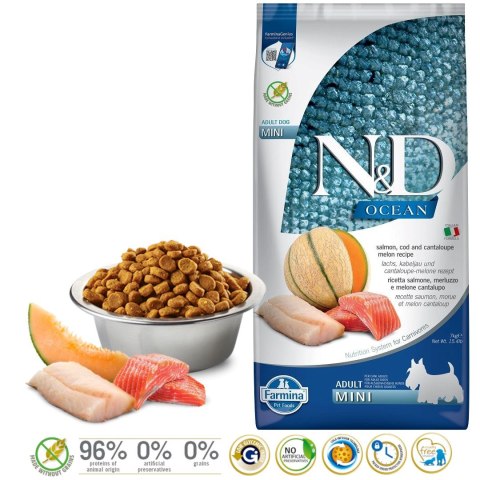 FARMINA N&D Ocean Dog Salmon, Cod, Cantaloupe, Melon Adult Mini - sucha karma dla psa - 7 kg