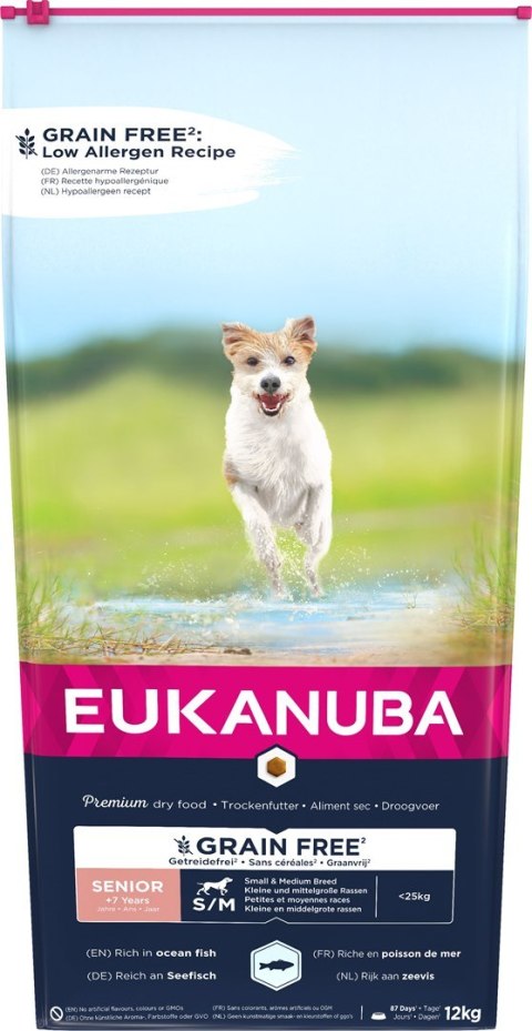 EUKANUBA Grain Free Senior Małe/średnie rasy, Ryby oceaniczne - sucha karma dla psa - 12 kg EUKANUBA Grain Free Senior Małe/średnie rasy, Ryby oceaniczne - sucha karma dla psa - 12 kg