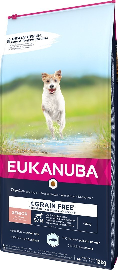 EUKANUBA Grain Free Senior Małe/średnie rasy, Ryby oceaniczne - sucha karma dla psa - 12 kg EUKANUBA Grain Free Senior Małe/średnie rasy, Ryby oceaniczne - sucha karma dla psa - 12 kg
