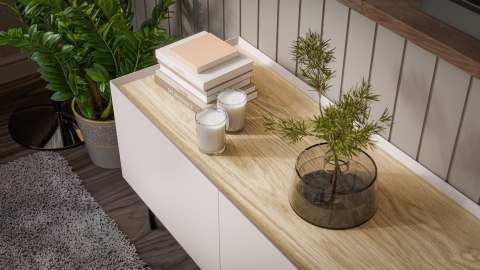 Szafka RTV FELLINI 150x40x52 kaszmir + blat dąb olejowany Szafka RTV FELLINI 150x40x52 kaszmir + blat dąb olejowany