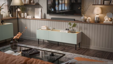 Szafka RTV FELLINI 150x40x52 oliwka + blat dąb olejowany Szafka RTV FELLINI 150x40x52 oliwka + blat dąb olejowany