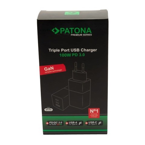 PATONA Premium Ładowarka GaN PD100W 2xUSB-C 1xUSB-A PD3.0 QC3.0 kolor biały PATONA Premium Ładowarka GaN PD100W 2xUSB-C 1xUSB-A PD3.0 QC3.0 kolor biały