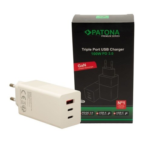 PATONA Premium Ładowarka GaN PD100W 2xUSB-C 1xUSB-A PD3.0 QC3.0 kolor biały PATONA Premium Ładowarka GaN PD100W 2xUSB-C 1xUSB-A PD3.0 QC3.0 kolor biały