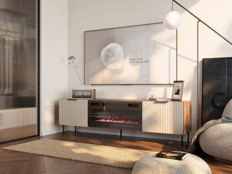 Szafka RTV ALMERA 180,5x42x52,5 orzech/kaszmir + kominek czarny Szafka RTV ALMERA 180,5x42x52,5 orzech/kaszmir + kominek czarny